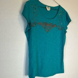 Ariat Western Embroidered Studded Crew Neck S/S Teal T Shirt Size M
